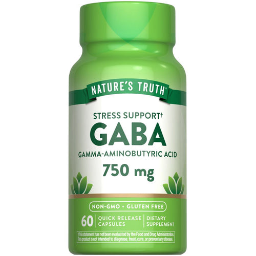 GABA 750 mg Quick Release Capsules, 60 count, Non-GMO, Gluten Free Dietary Supplement.