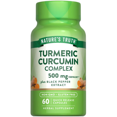 Nature's Truth Turmeric Curcumin Complex 500 mg with Black Pepper Extract; 60 Quick Release Capsules on hand scale.