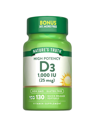 D3 1,000 IU (25 mcg) Quick Release Softgels, 130 count, with a bonus of 30% more free.