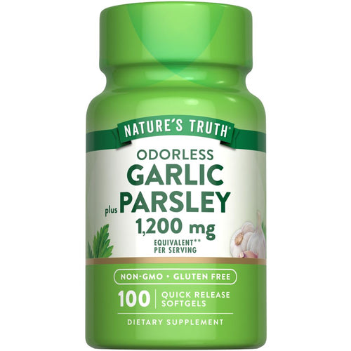Odorless Garlic & Parsley 1,200 mg per serving, 100 Quick Release Softgels, shown on a hand scale.