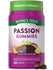 Two dark red, round, flat Passion Gummies are shown.