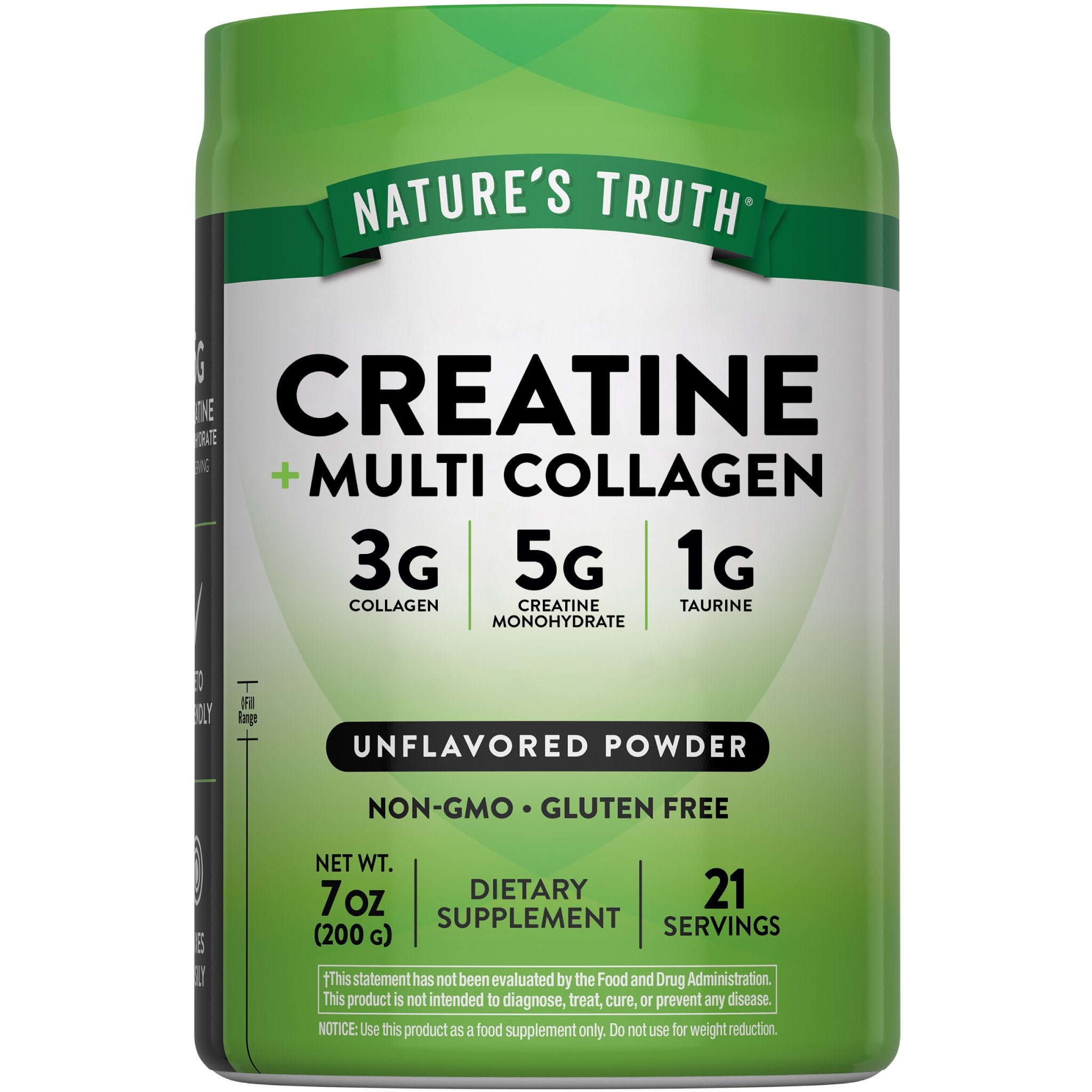 Creatine and Multi Collagen powder with 3g collagen, 5g creatine monohydrate, and 1g taurine, 7 oz (200g), 21 servings.