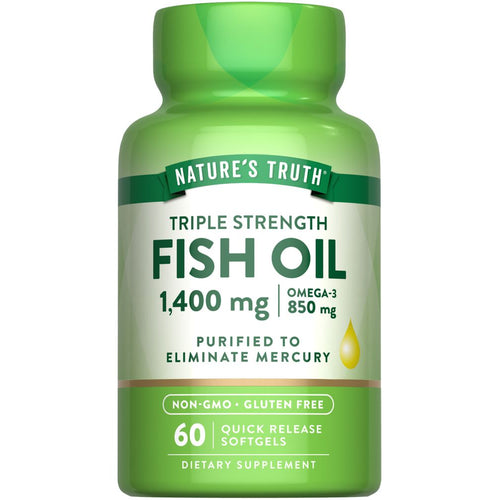 Bottle of 60 quick release softgels containing 1,400 mg fish oil with 850 mg Omega-3, displayed on a hand scale.