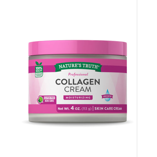 A 4 oz (113 g) jar of collagen cream displayed with a hand for size reference.