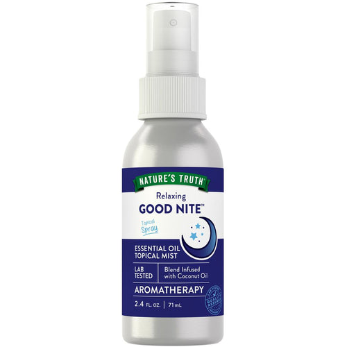 Nature's Truth Relaxing Good Nite Topical Spray, 2.4 FL. OZ. (71 mL) bottle displayed against hand for scale.