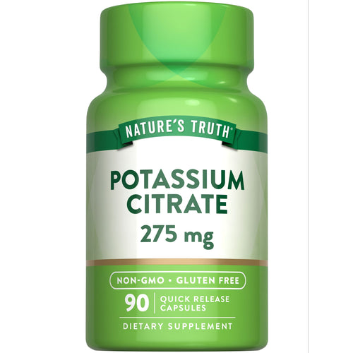 View 1 Hand holding a bottle of 90 Potassium Citrate 275 mg Quick Release Capsules.