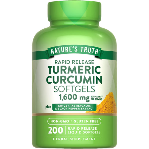 Rapid Release Turmeric Curcumin 1,600 mg Softgels with Ginger, Astragalus, and Black Pepper, 200 Softgels.