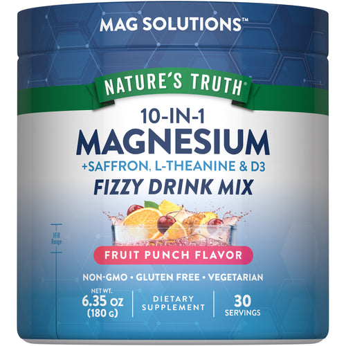 Magnesium 10-in-1 drink mix with saffron, L-Theanine, D3, fruit punch flavor, 6.35 oz, 30 servings, in product packaging.