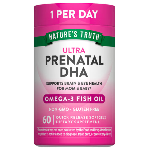 Prenatal DHA 60 Quick Release Softgels provide Omega-3, are non-GMO, gluten-free, and require one per day.