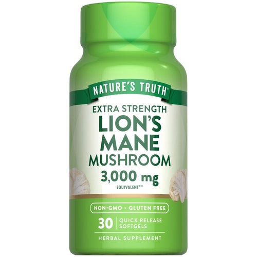 A hand holding a bottle of Lion's Mane Mushroom 3,000 mg equivalent, containing 30 quick release softgels.