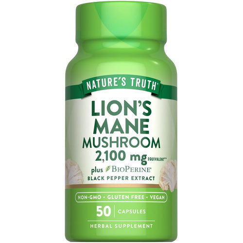 Nature's Truth Lion's Mane Mushroom 2,100 mg, 50 capsules with BioPerine Black Pepper Extract, displayed in the hand.