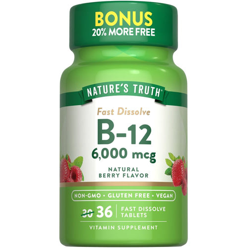 B-12 6,000 mcg Fast Dissolve Tablets, 36 count, with natural berry flavor. Includes 20% more free tablets.