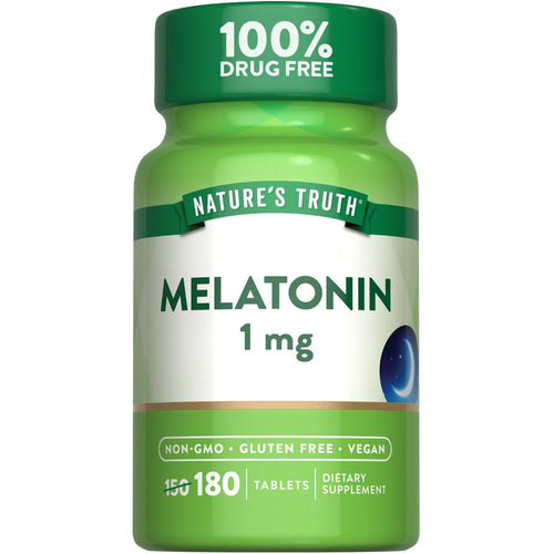 A bottle of 180 melatonin 1 mg tablets, displayed on a hand scale, ideal for sleep support and relaxation.