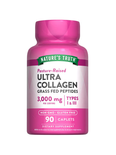 Ultra Collagen Grass Fed Peptides Caplets, 90 count, provide 3,000 mg per serving.