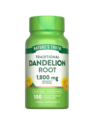 Bottle of 100 quick release capsules containing dandelion root, 1,800 mg equivalent per serving.