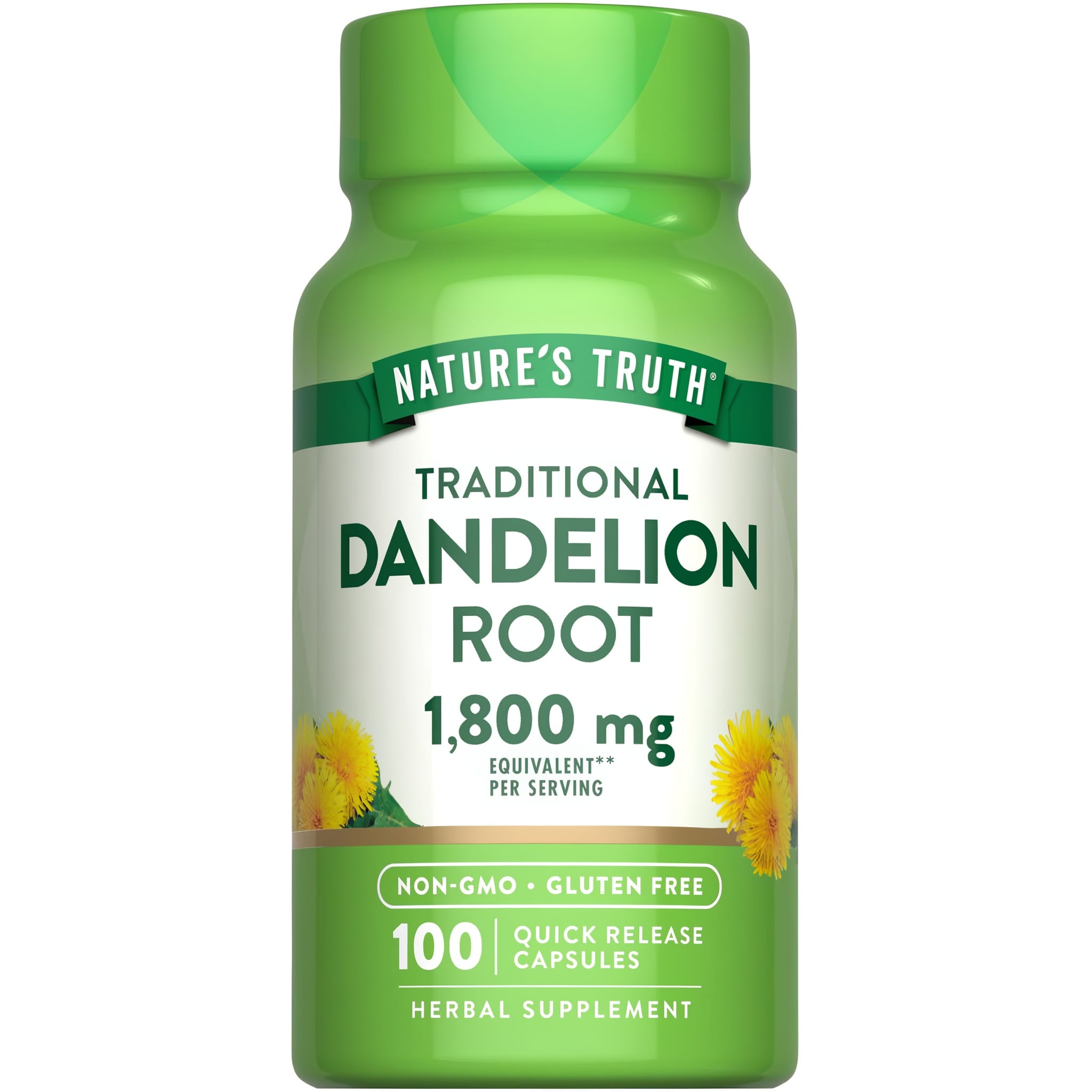 Bottle of 100 quick release capsules containing dandelion root, 1,800 mg equivalent per serving.