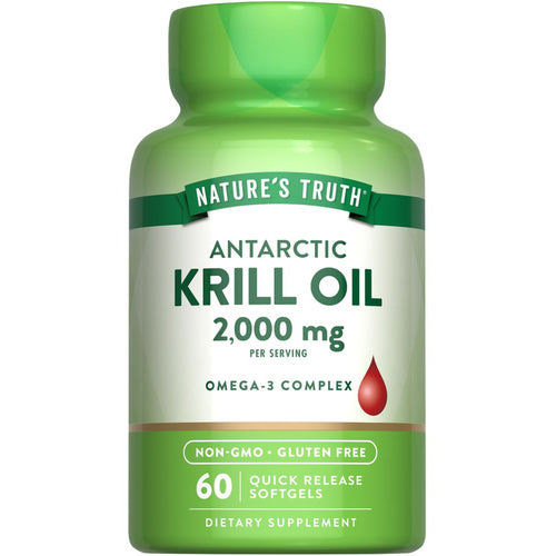 A hand holding a bottle of Krill Oil 2,000 mg with 60 quick release softgels, showcasing the product size in a bulk scale image.