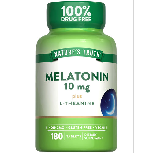 Bottle of 180 tablets containing Melatonin 10 mg with L-Theanine, displayed on a hand scale.