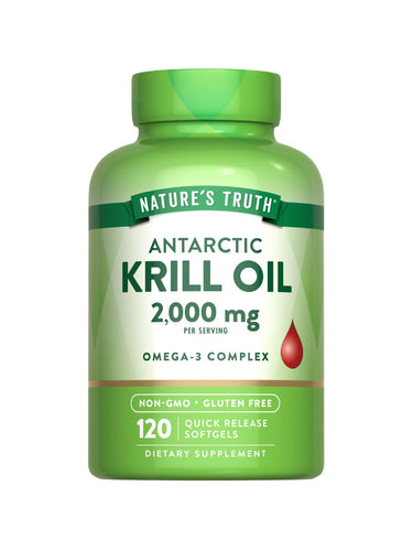 Nature's Truth Antarctic Krill Oil 2,000 mg Quick Release Softgels, 120 count bottle, shown for scale in hand.