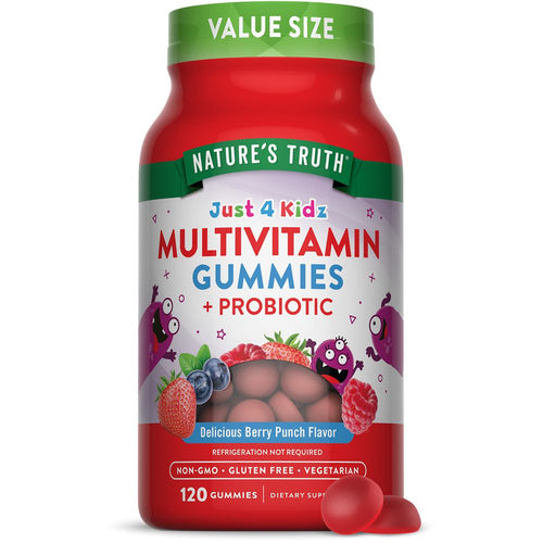 A hand holds two red, rounded multivitamin gummies with probiotics, illustrating their size and shape for easy supplementation.
