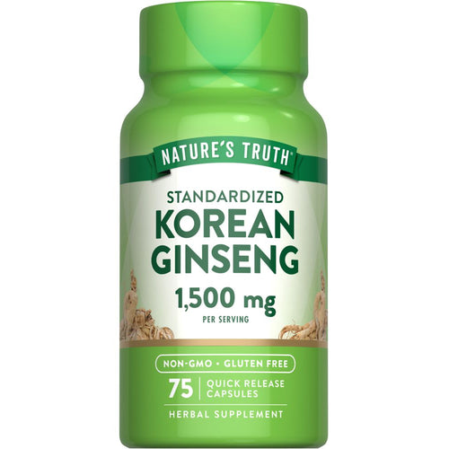 Nature's Truth Korean Ginseng, 1,500 mg per serving, with 75 quick release capsules for energy and wellness support.