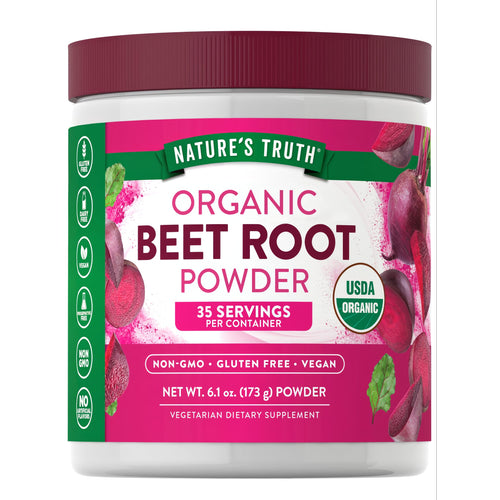 Image showing Organic Beet Root Powder in a 6.1 oz. (173 g) container, providing 35 servings.
