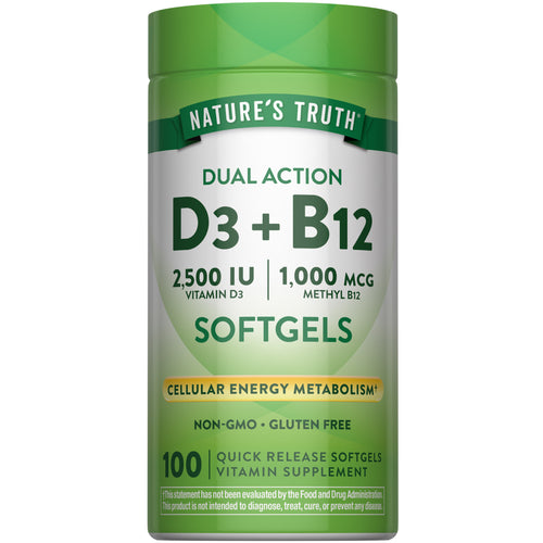 D3 + B12 Dual Action with 2,500 IU Vitamin D3 and 1,000 mcg Methyl B12 in 100 quick-release softgels.
