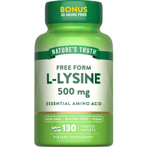 View 1 130 L-Lysine 500 mg coated caplets shown with hand for scale.