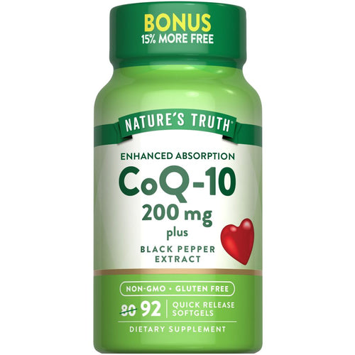 Nature's Truth CoQ-10 200 mg, 92 Quick Release Softgels with enhanced absorption and black pepper extract.