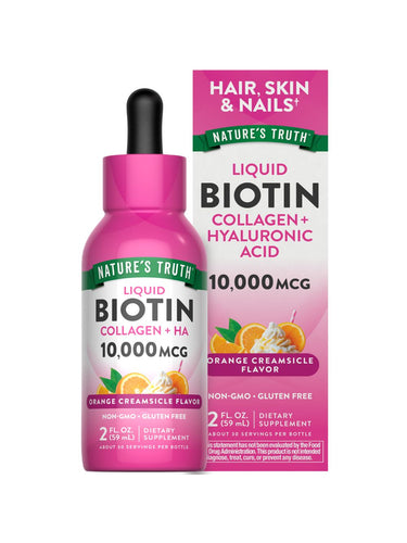 Bottle of Liquid Biotin Collagen with Hyaluronic Acid, 10,000 MCG, in Orange Creamsicle flavor, 2 FL. OZ. (59 mL).