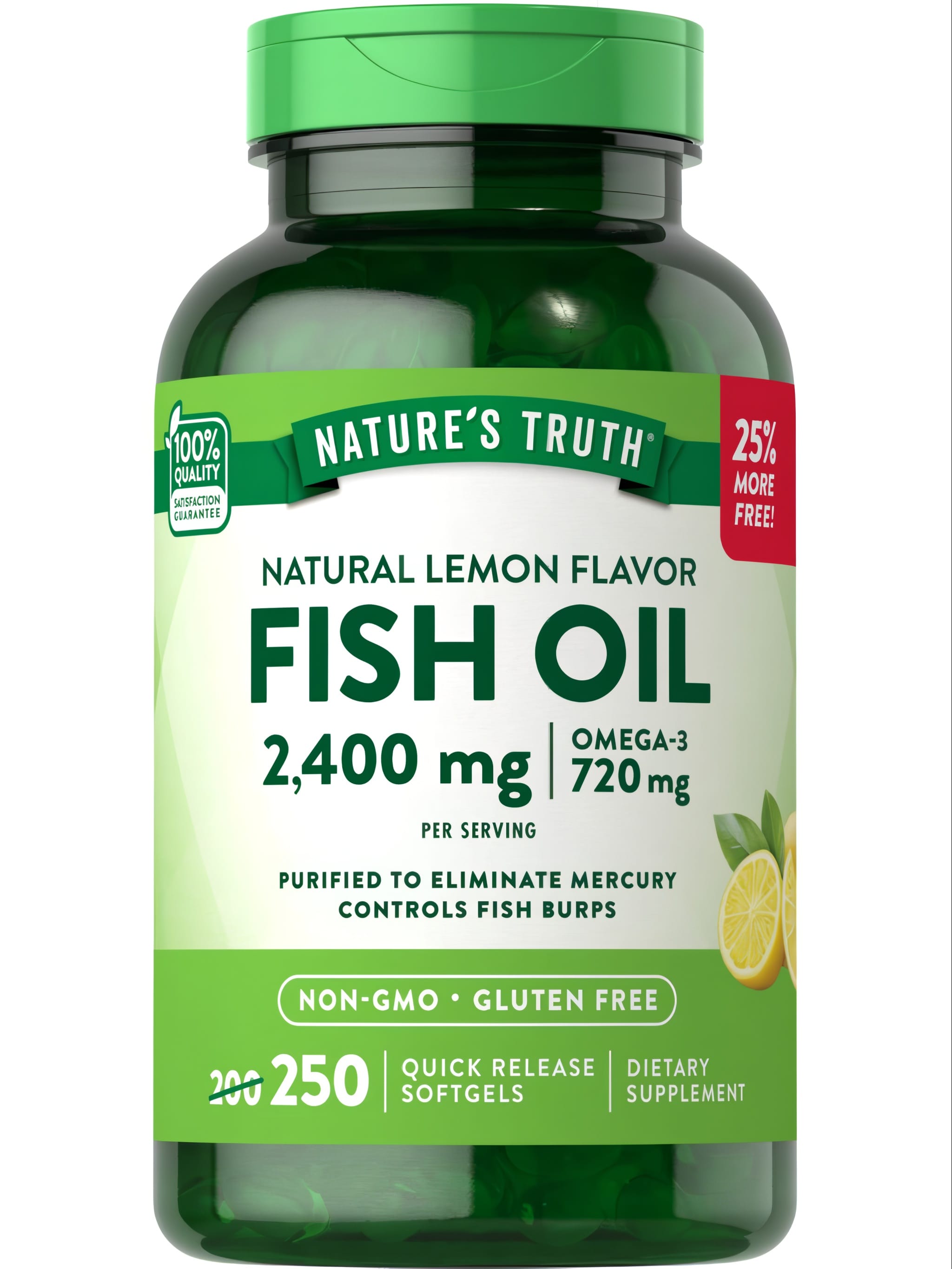 Nature's Truth Natural Lemon Flavor Fish Oil 2,400 mg with 250 quick release softgels on a hand scale.