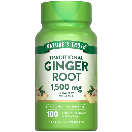 Hand holding Traditional Ginger Root 1,500 mg Equivalent bottle with 100 quick release capsules.