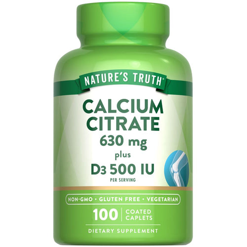Nature's Truth Calcium Citrate 630 mg plus D3 500 IU, 100 coated caplets shown on a hand scale.