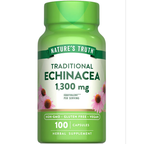 Hand scale image of Traditional Echinacea supplement, 1,300 mg, with 100 capsules, providing immune support.