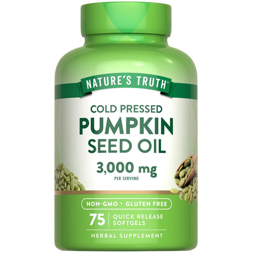 A hand holds a bottle of 75 Pumpkin Seed Oil Quick Release Softgels, providing 3,000 mg per serving.