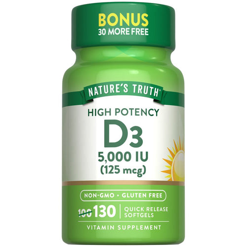 View 1 Hand holding Nature's Truth D3 5,000 IU (125 mcg) bottle of 130 softgels.