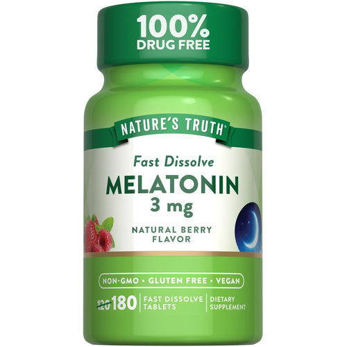 Nature's Truth Melatonin 3 mg Fast Dissolve Tablets, 180 count, shown held in hand for scale.