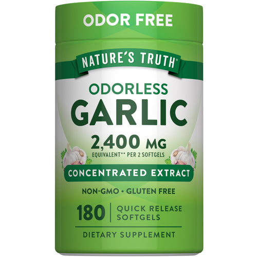 Odorless Garlic equivalent to 2,400 MG per 2 softgels; contains 180 quick release softgels.
