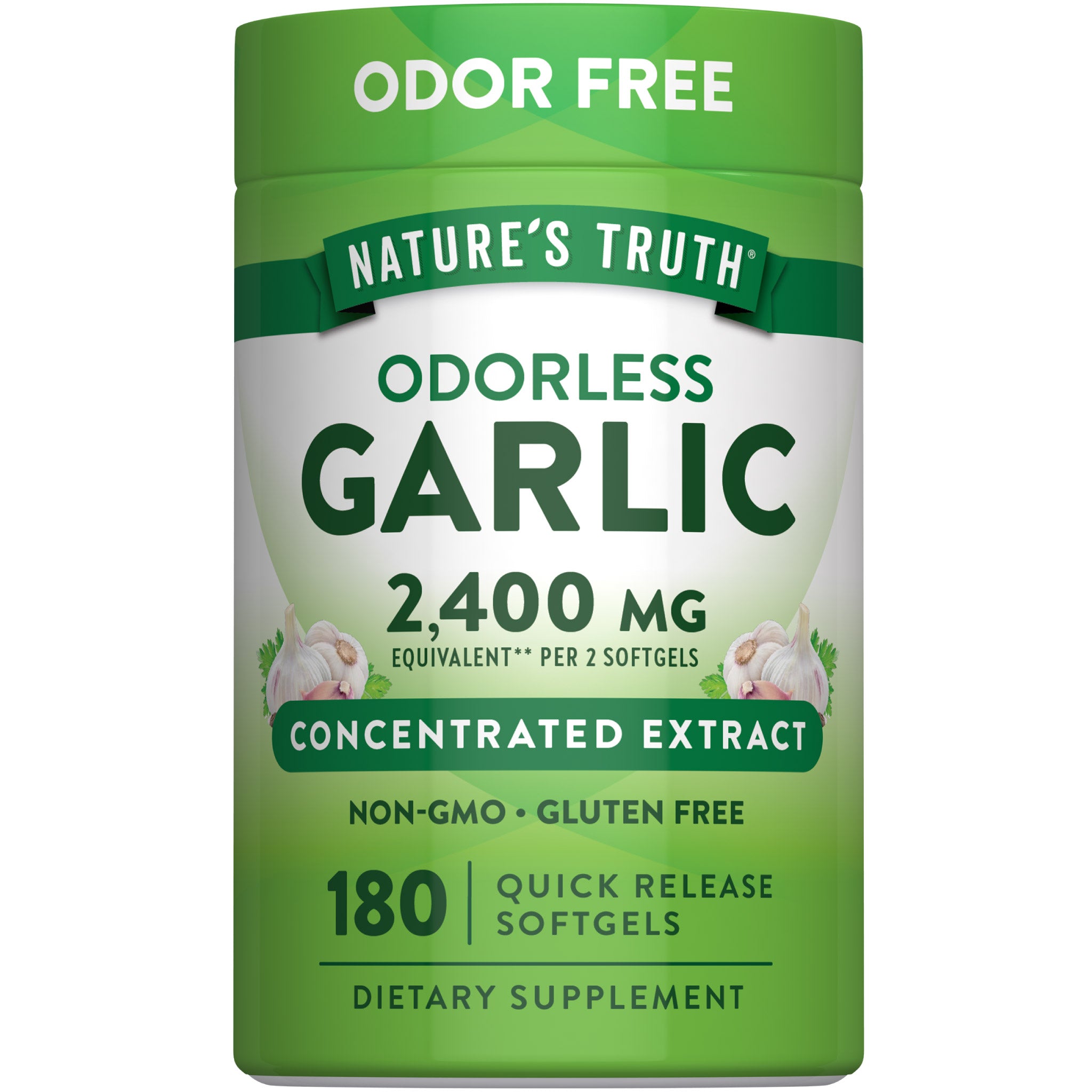 Odorless Garlic equivalent to 2,400 MG per 2 softgels; contains 180 quick release softgels.