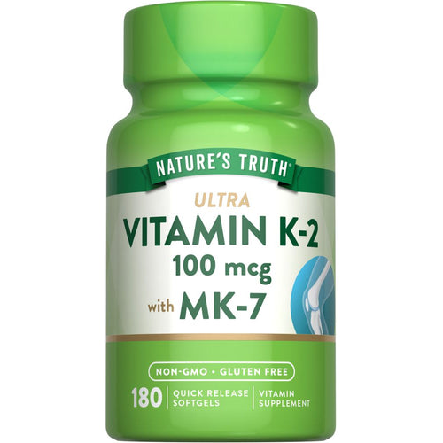 View 1 Vitamin K-2 100 mcg with MK-7 Quick Release Softgels on a hand scale, showcasing the size and quantity in bulk.