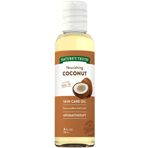 Nourishing Coconut Unscented Base Oil for skin and aromatherapy, 4 FL. OZ. (118 mL) liquid bottle in hand for scale.