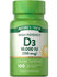 A hand holding a D3 10,000 IU (250 mcg) Quick Release Softgel, ideal for vitamin D supplementation.
