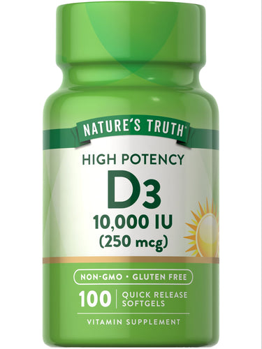 A hand holding a D3 10,000 IU (250 mcg) Quick Release Softgel, ideal for vitamin D supplementation.
