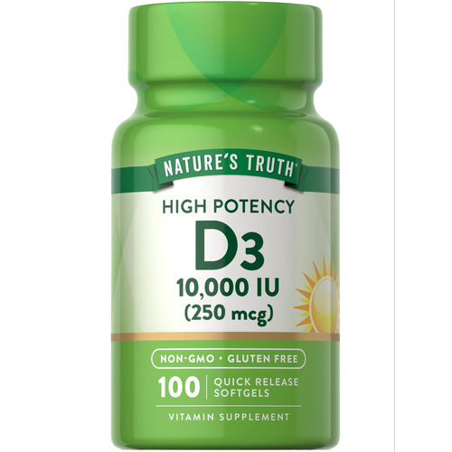 A hand holding a D3 10,000 IU (250 mcg) Quick Release Softgel, ideal for vitamin D supplementation.
