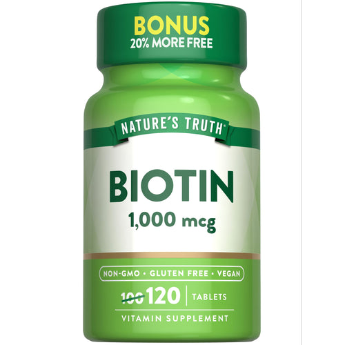 Biotin 1,000 mcg bottle with 120 tablets shown on a hand scale.