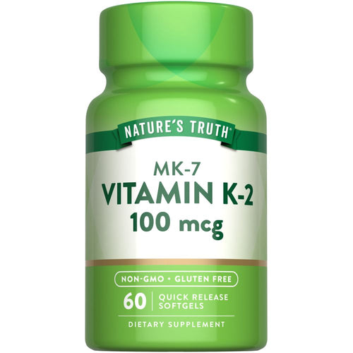 Nature's Truth MK-7 Vitamin K-2 100 mcg, with 60 quick release softgels. Non-GMO and gluten free dietary supplement.