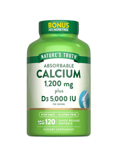 Hand holding Quick Release Softgels with Calcium 1,200 mg and Vitamin D3 5,000 IU.