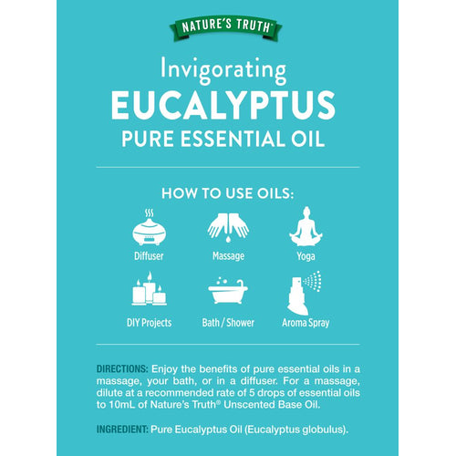 Graphic for NT Eucalyptus Oil showing usage: Diffuser, Massage, Yoga, DIY Projects, Bath/Shower, Aroma Spray methods.