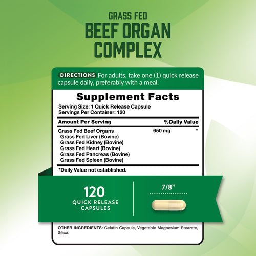 Supplement Facts label for Beef Organs 120 Capsules.