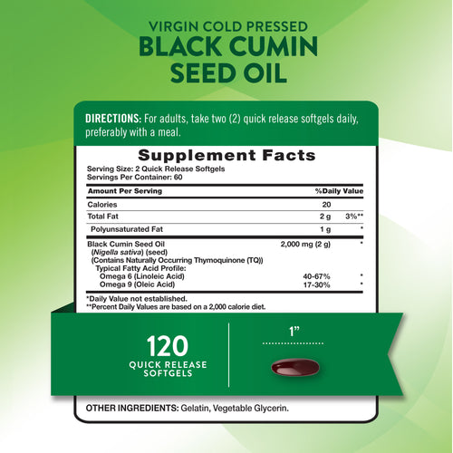 Label showing Supplement Facts for Blackseed Oil 2000 mg, 120 Softgels.